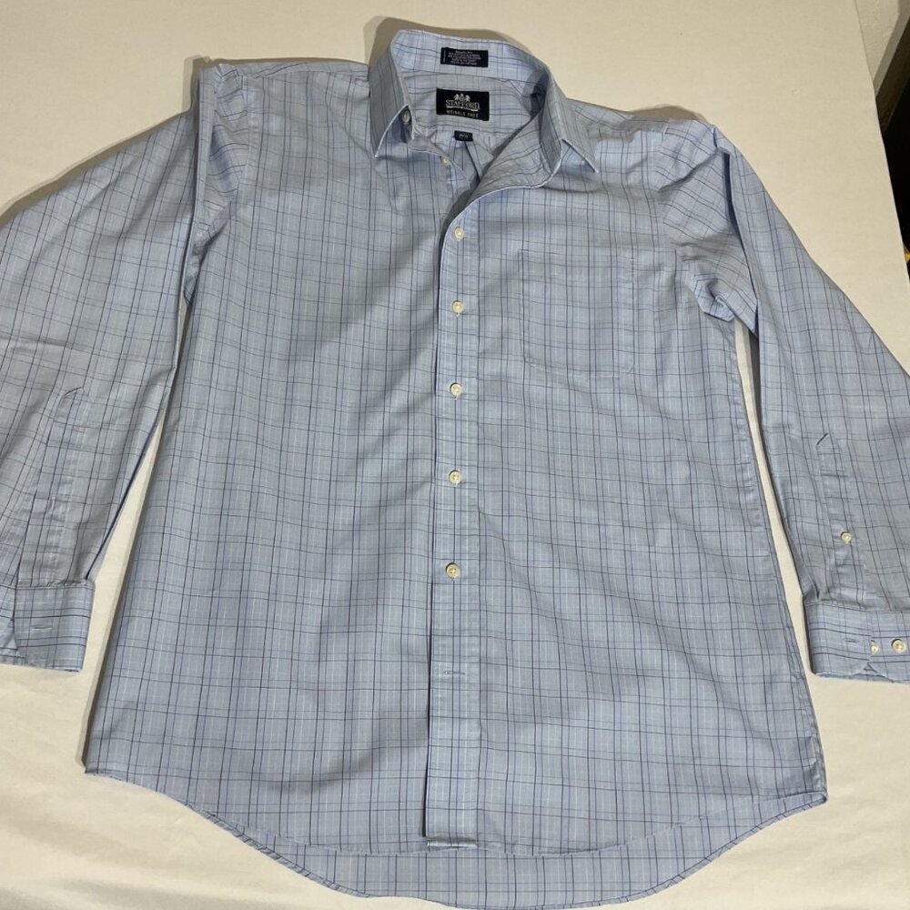 Stafford Wrinkle-Free Long Sleeve Button-Down Shirt 15 1/2 34/35 Light Blue Plai